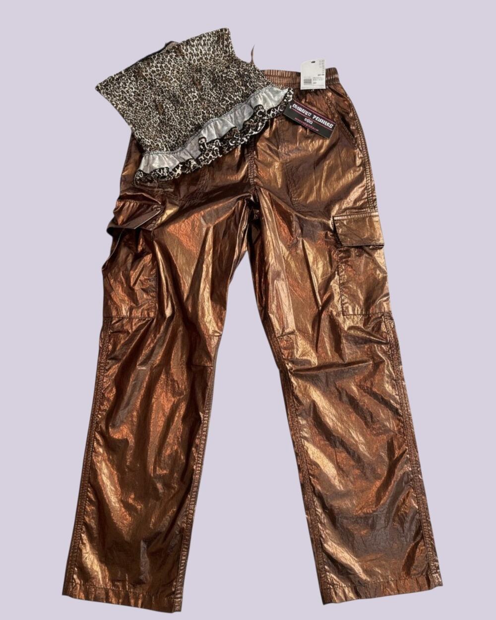 Metallic Bronze Cargo Pants with Ruffle Leopard Tube Top